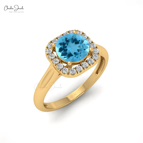 14k Solid Gold Natural Gemstone and Diamond Halo Ring, 6mm Round Cut Swiss Blue Topaz Dainty Ring For Wedding Gift
