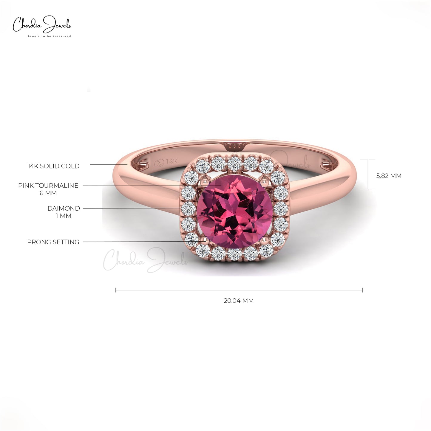 6mm Round Cut Natural Pink Tourmaline and Diamond Dainty Ring, 14k Solid Gold Sharing Prong Gemstone Ring For Her