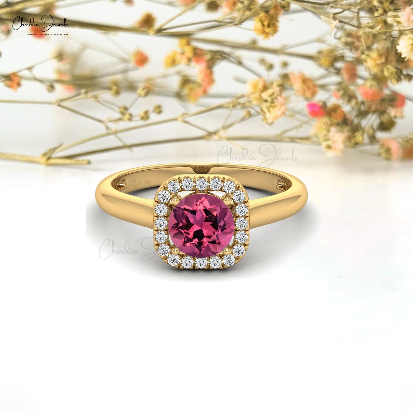 6mm Round Cut Natural Pink Tourmaline and Diamond Dainty Ring, 14k Solid Gold Sharing Prong Gemstone Ring For Her