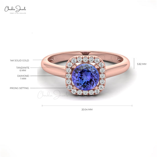 Dazzling Tanzanite Gemstone Dainty Ring 14k Real Gold Diamond Halo Light Weight Ring For Her