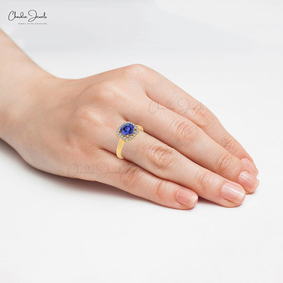 Dazzling Tanzanite Gemstone Dainty Ring 14k Real Gold Diamond Halo Light Weight Ring For Her