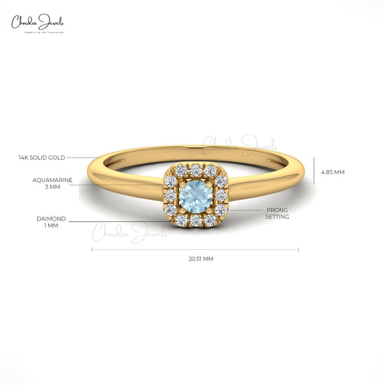 Round Cut Natural Aquamarine Halo Ring in 14k Solid Gold