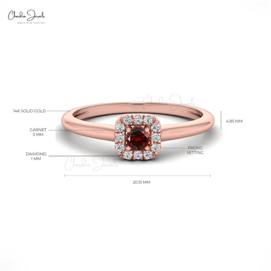 Natural 3mm Round Cut Red Garnet Halo Ring For Women in 14k Solid Gold