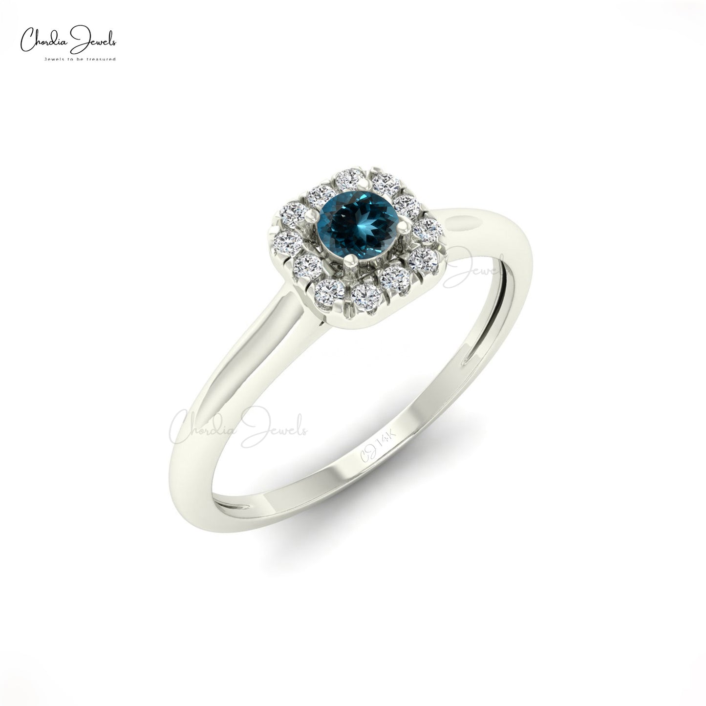 Anillo para mujer con halo y topacio azul Londres de 0,13 ct en oro puro de 14 k.