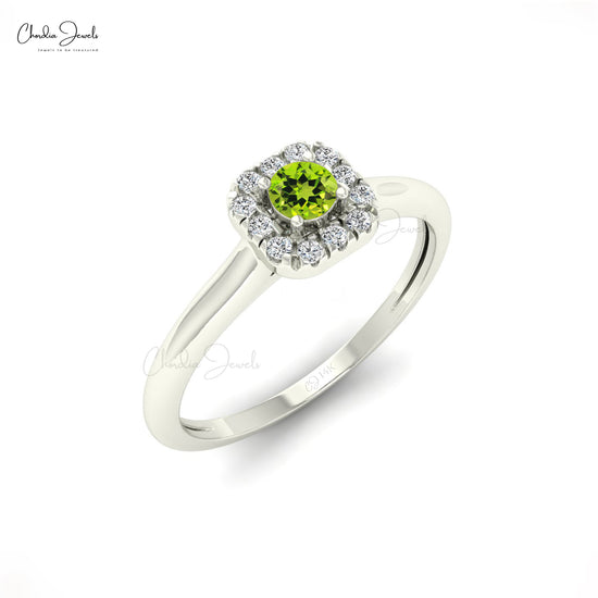 Natural 3mm Round Cut Sharing Prong Peridot and Diamond Halo Ring, 14k Solid Gold Gemstone Dainty Ring For Gift
