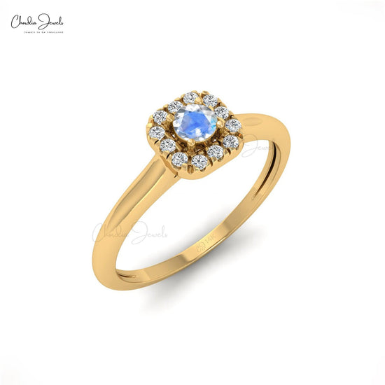 0.13 Carats AAA Rainbow Moonstone & Round Cut Diamond Halo Ring, 14k Solid Gold Natural Gemstone Ring For Women - Chordia Jewels