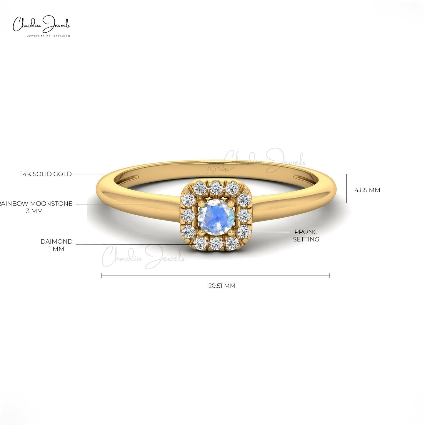 0.13 Carats AAA Rainbow Moonstone & Round Cut Diamond Halo Ring, 14k Solid Gold Natural Gemstone Ring For Women - Chordia Jewels