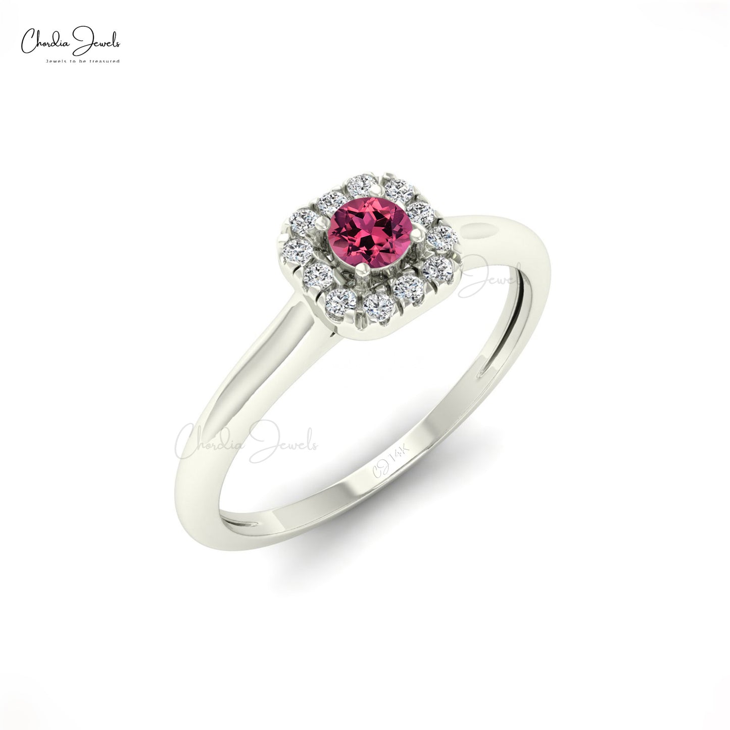 Natural 3mm Round Cut Pink Tourmaline Dainty Ring For Her, 14k Solid Gold Sharing Prong Gemstone Halo Ring For Anniversary