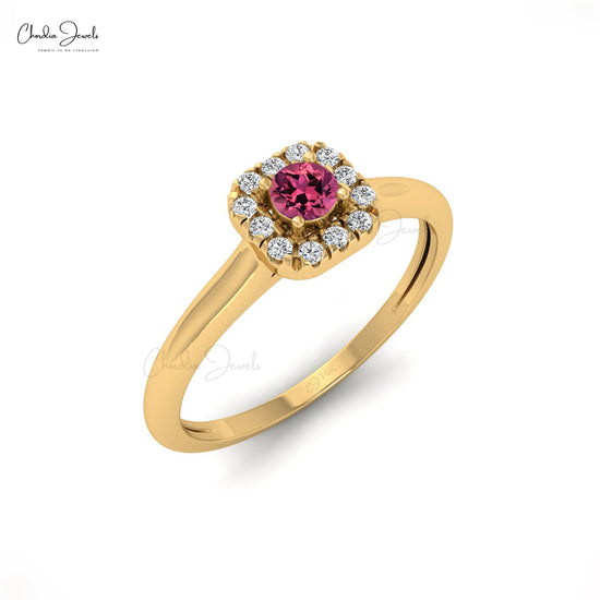 Natural 3mm Round Cut Pink Tourmaline Dainty Ring For Her, 14k Solid Gold Sharing Prong Gemstone Halo Ring For Anniversary