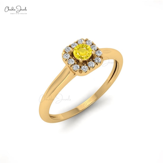 Natural 3mm Round Cut Yellow Sapphire & Diamond Halo Ring for Woman, September Birthday Gemstone Ring in 14k Solid Gold