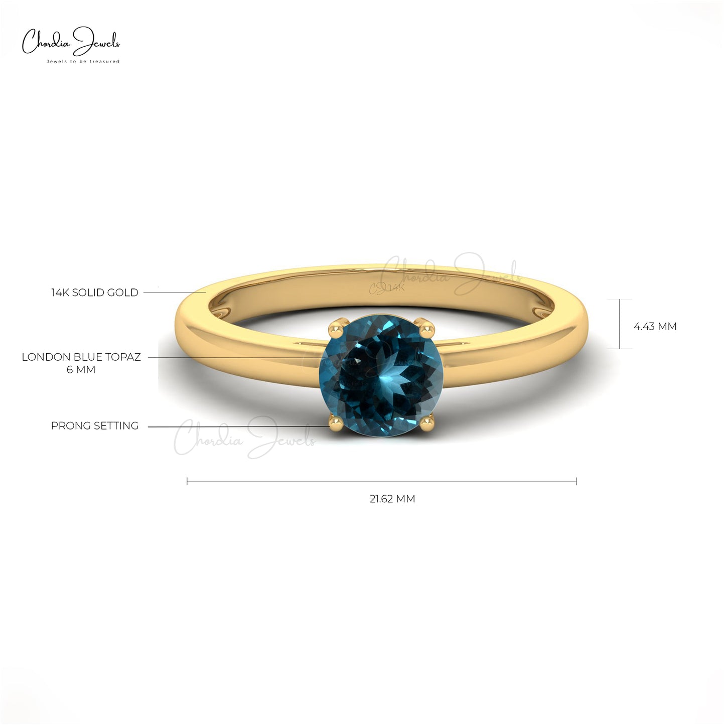 14k Solid Gold Natural Gemstone Solitaire Ring For Valentine, 0.57 Carats London Blue Topaz December Birthstone Dainty Ring For Women