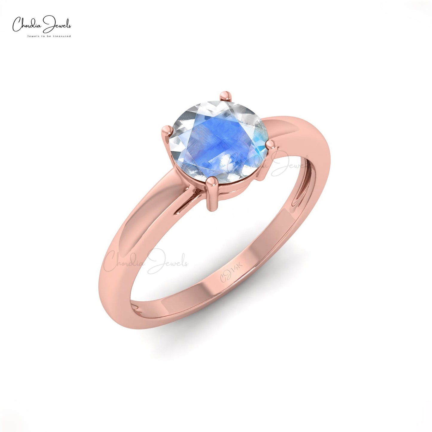 Natural 6mm Round Rainbow Moonstone Solitaire Ring in 14K Solid Gold, June Birthstone Gemstone Ring For Women