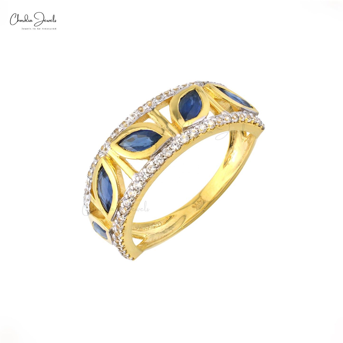 Art Deco Marquise Cut Ring met 0.2 Ct Blou Saffier En Diamantringe In 14k Geel Goud