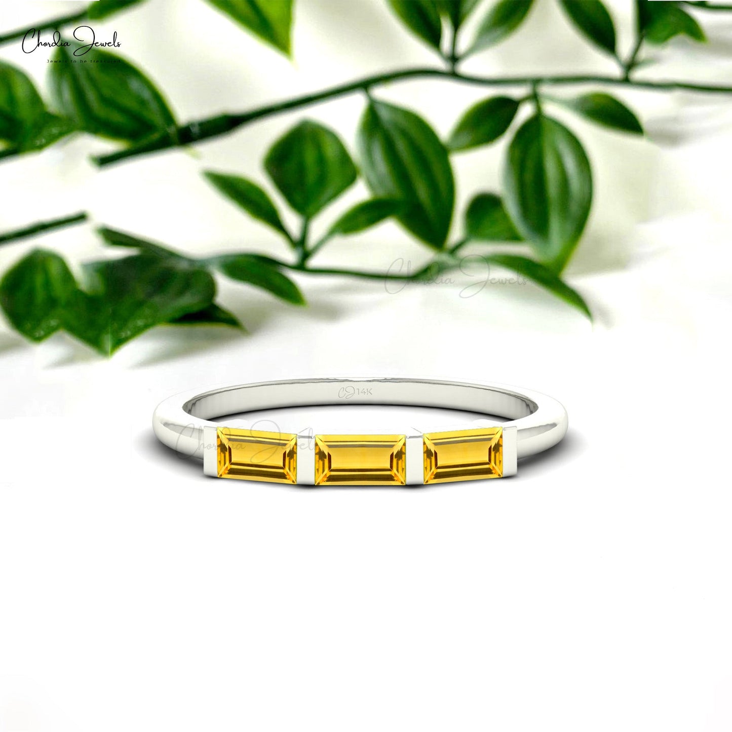 Natural 4X2MM Baguette Cut Citrine Three Stone Ring For Gift
