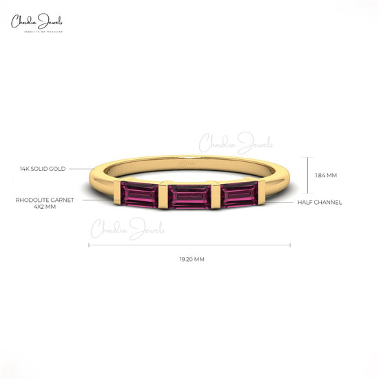 Vintage Inspired 14K Gold Baguette Cut Rhodolite Garnet Three Stone Ring for Women