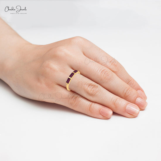 Vintage Inspired 14K Gold Baguette Cut Rhodolite Garnet Three Stone Ring for Women