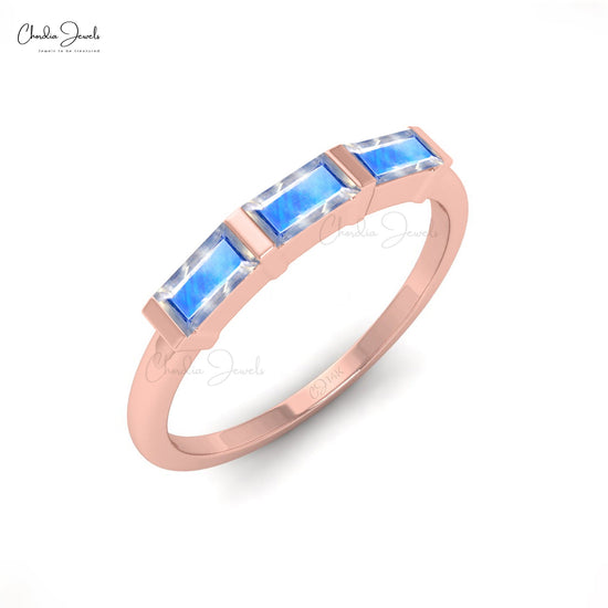 Rainbow Moonstone Baguette Cut Three Stone Ring In 14K Gold For Woman