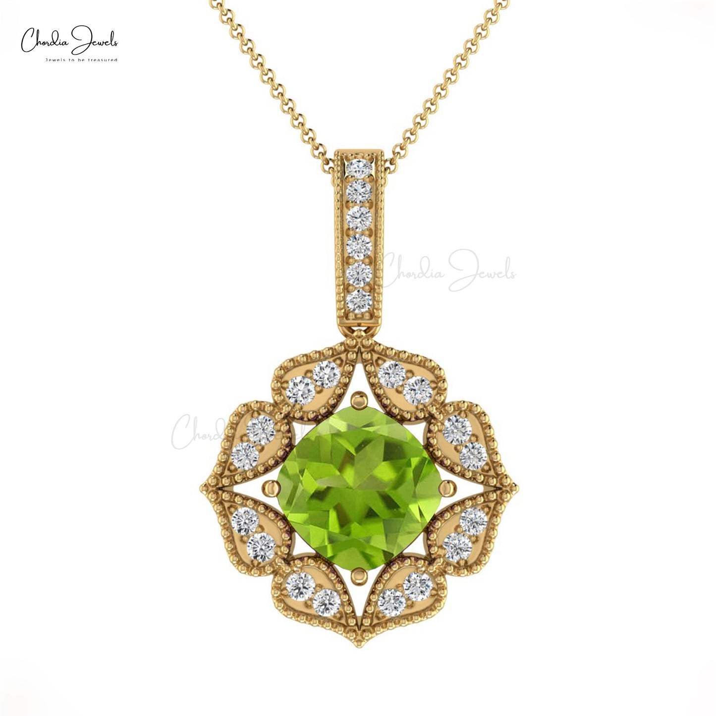 Newly Designer Natural Green Peridot Pendant Necklace Round Shape Genuine White Diamond Art Deco Pendant Necklace in 14k Pure Gold Gift For Her