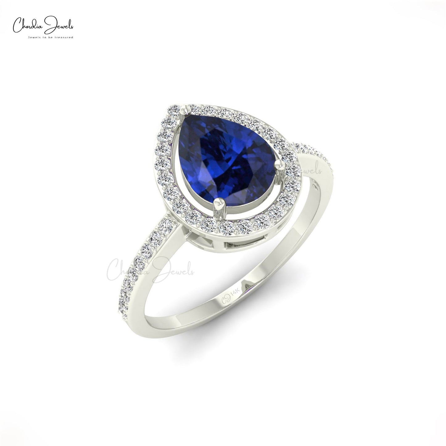 Pear Cut Natural Blue Sapphire Halo Ring For Engagement