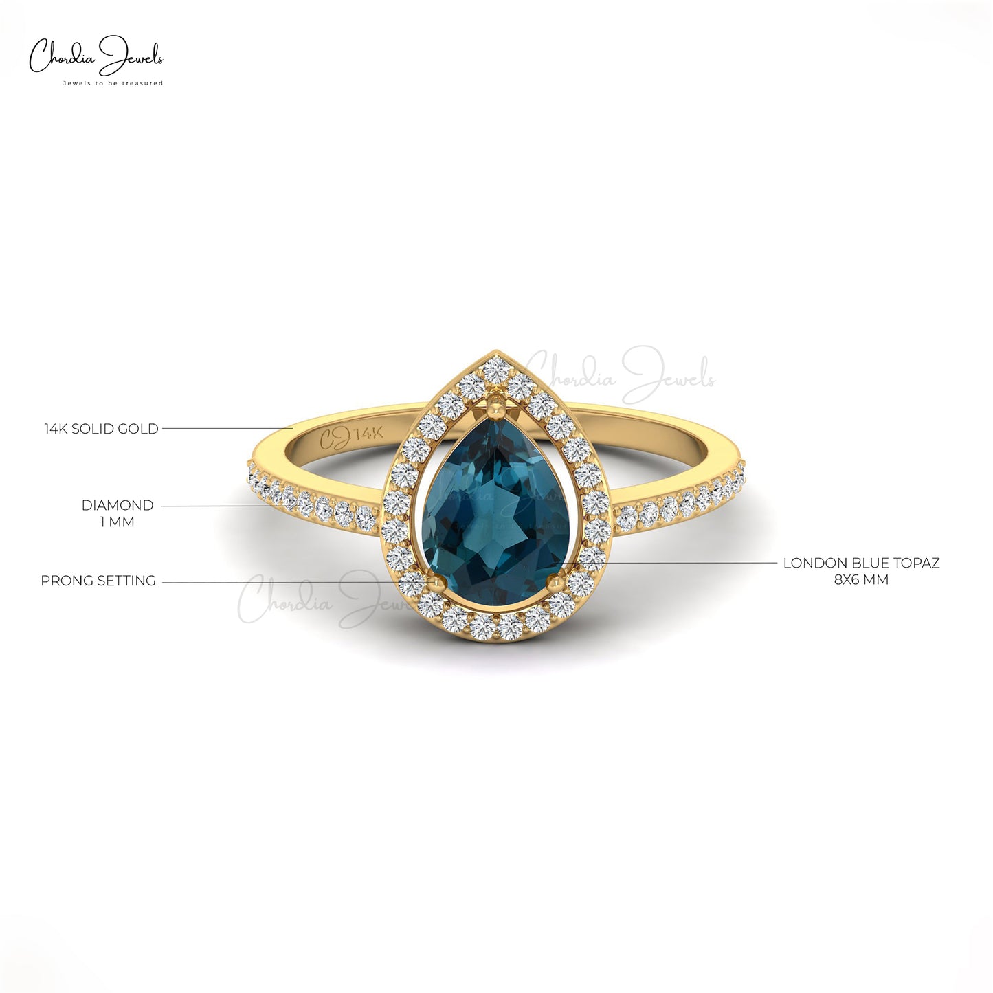 Natural London Blue Topaz Solitaire Halo Ring, 14k Solid Gold Handmade Diamond Ring, Topaz Ring Fine Jewelry, 8x6 mm Faceted Pear Cut Blue Topaz Prong Setting Halo Engagement Ring, Gifted Ring