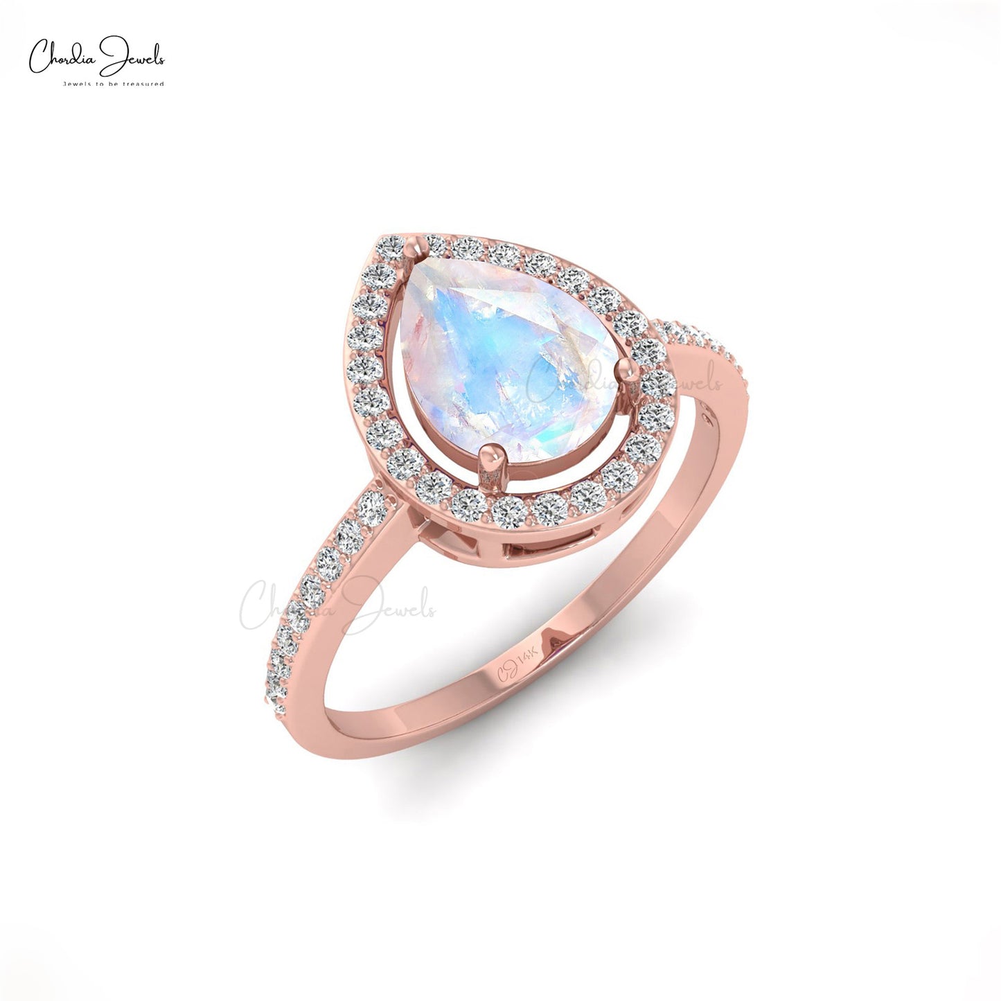 14k gold pear cut rainbow moonstone halo ring
