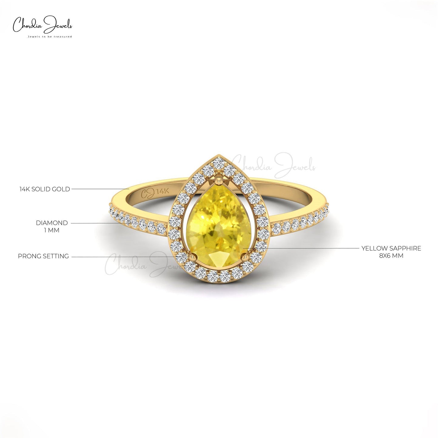 8X6MM Natural Yellow Sapphire Halo Ring for Gift