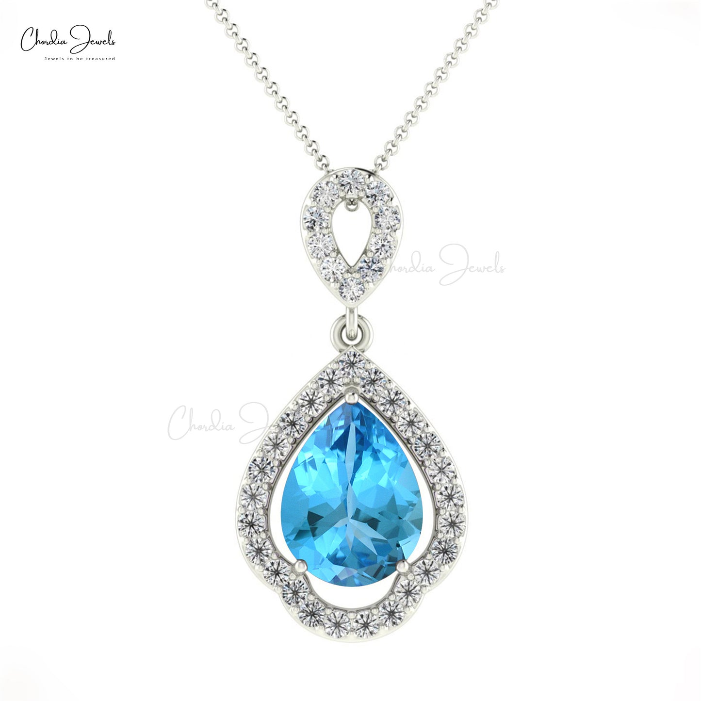 Peergesnyde Switserse Blou Topaas & Ronde Gesnyde Diamant Art Deco-hangertjie