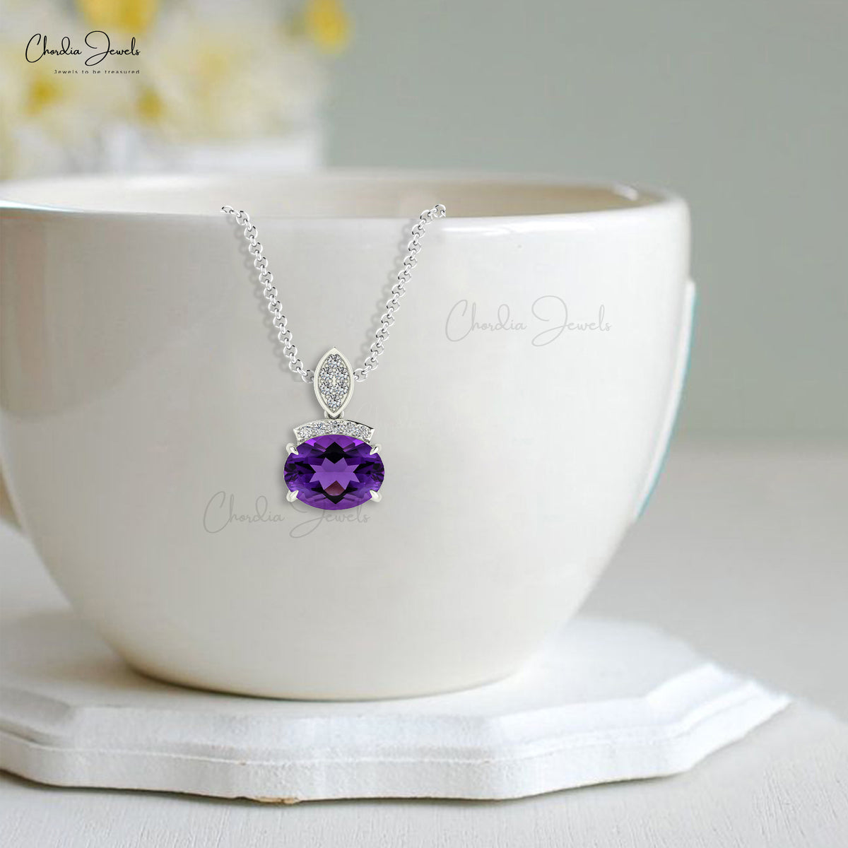 Solid 14k White Gold 10mm Round Amethyst and .07 Cttw Diamond Charm Pendant  Chain Necklace 16