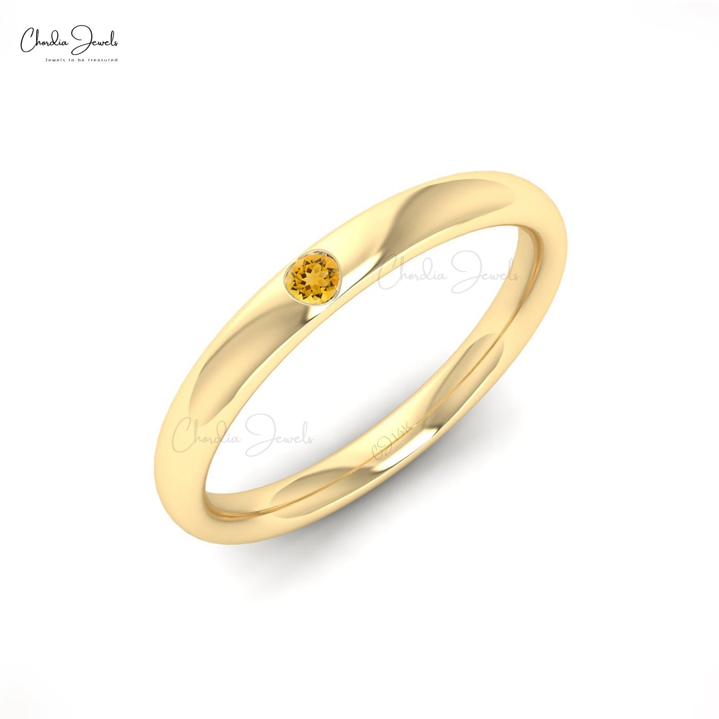 14k Solid Gold Round Brilliant Citrine Simple Flush Set Wedding Ring