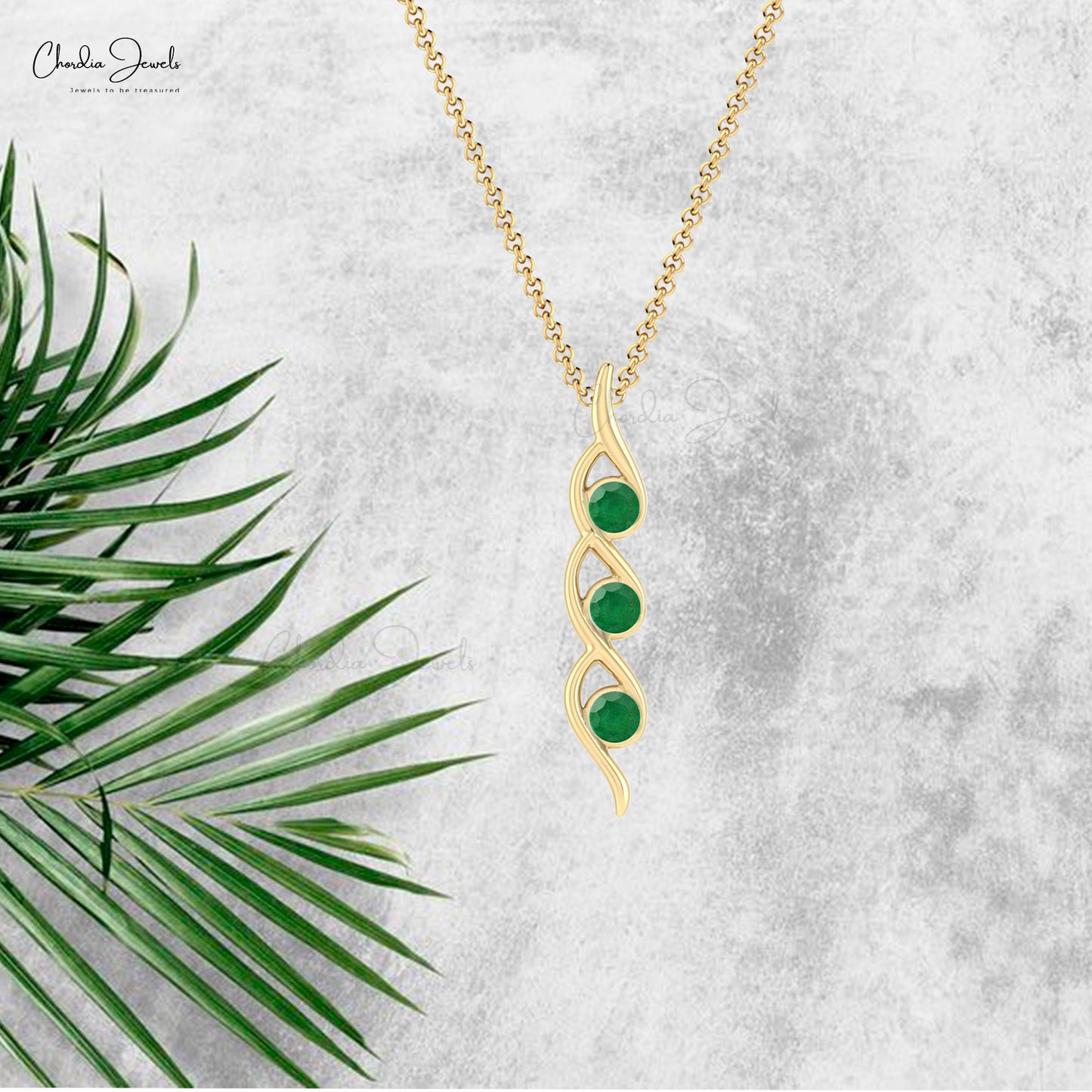 Stunning Three Stone Twisted Pendant Genuine Emerald Gemstone 14k Real Gold Delicate Pendant