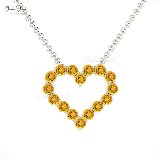 Handmade Beaded Heart Shape Necklace Pendant 2mm Round Natural Yellow Citrine Charm Necklace 14k Real Gold Hallmarked Jewelry For Gift