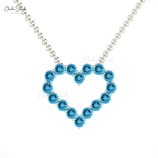 Trendy Round Gemstone Necklace in 14k Solid Gold Genuine Swiss Blue Topaz Heart Shape Necklace Pendant Bridesmaid Gift