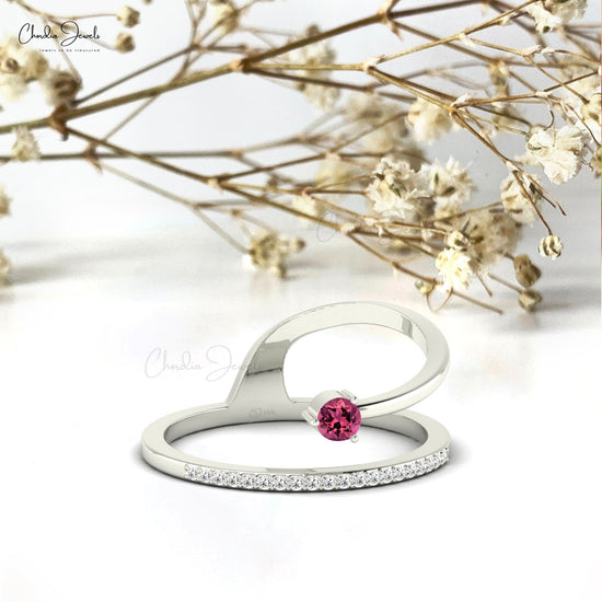 Pink Tourmaline Dainty Engagement Ring with Pave Diamond Setting