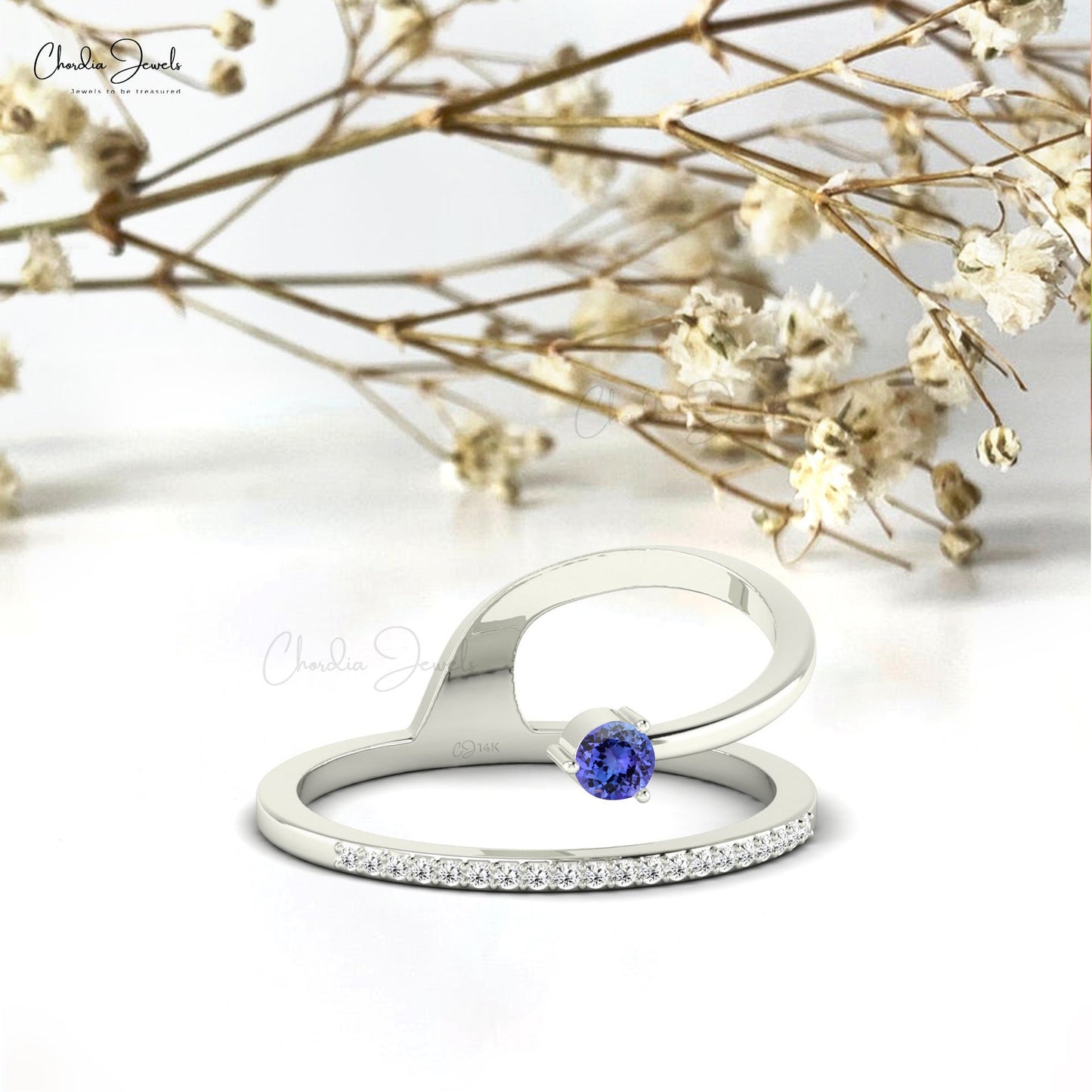 Dainty Stackable Ring With Genuine Tanzanite 14K Solid Gold Diamond Accents Curved Ring
