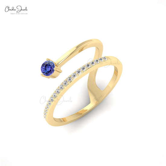 Dainty Stackable Ring With Genuine Tanzanite 14K Solid Gold Diamond Accents Curved Ring