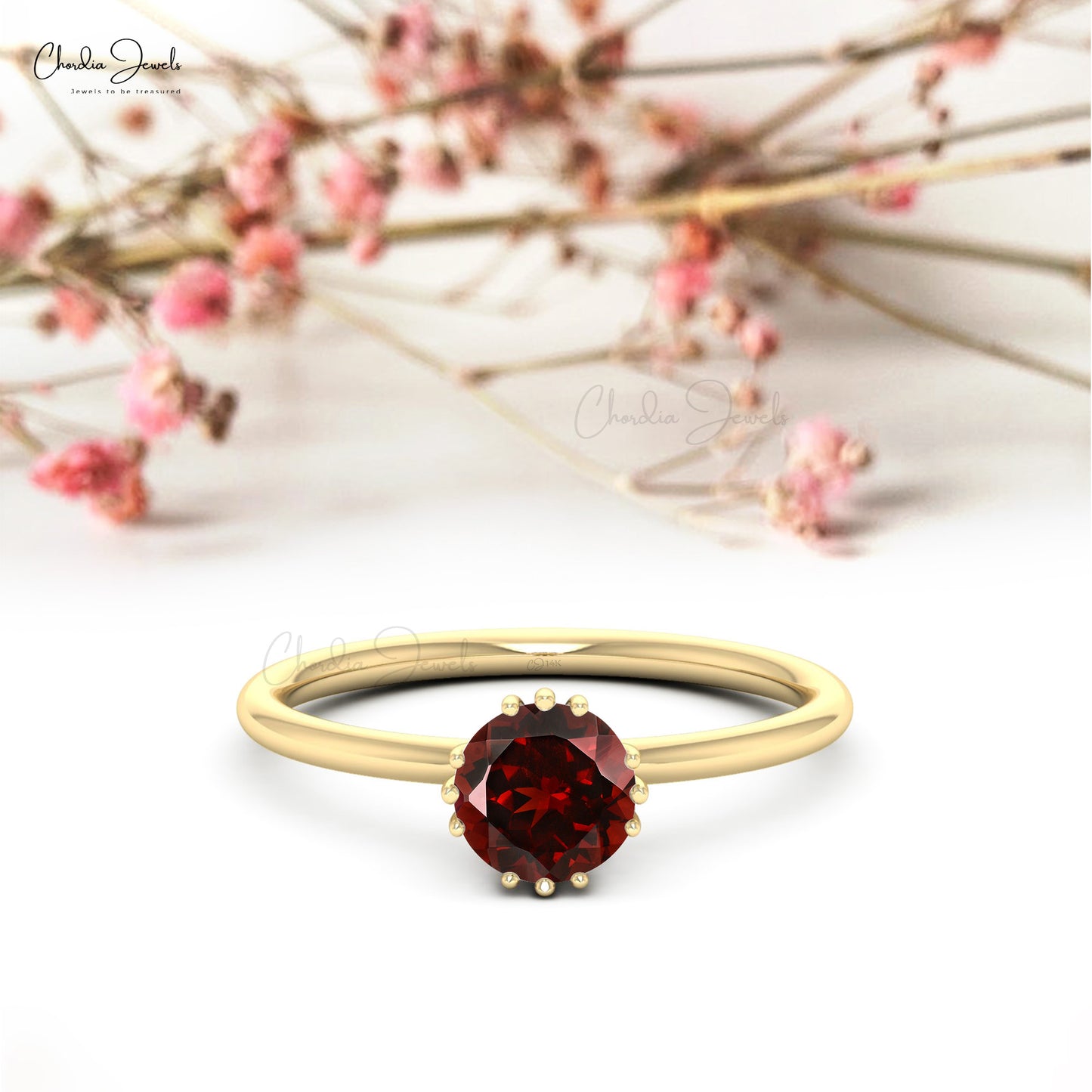 Dainty 14k Solid Gold Red Garnet Solitaire Wedding Ring