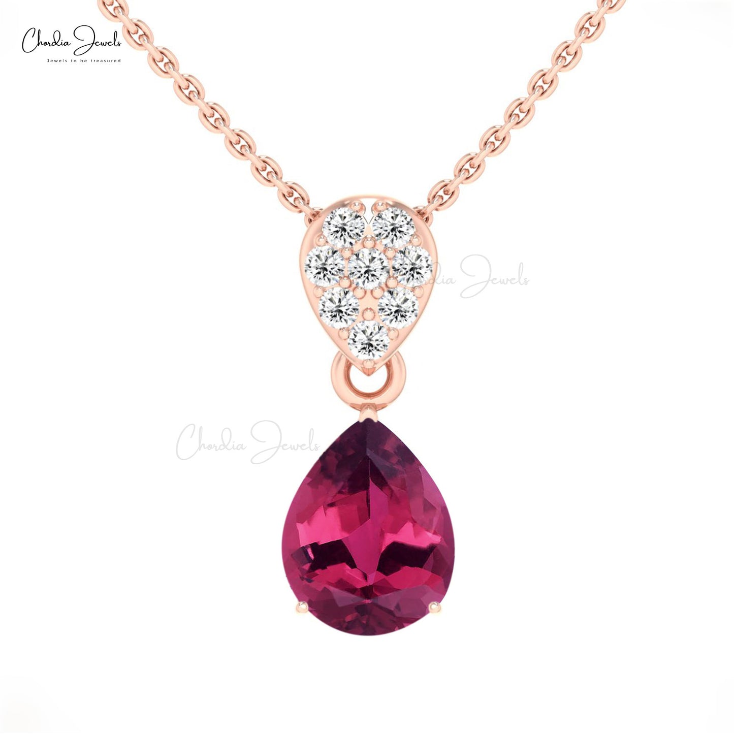 Colgante de turmalina rosa AAA de 9 x 7 mm con corte de pera y diamante blanco en oro macizo de 14 k.