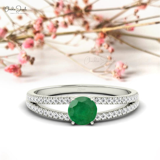 Genuine Round Cut Emerald and Diamond Split Shank Ring14k Solid Gold