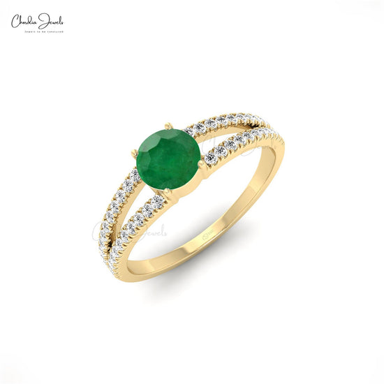 Genuine Round Cut Emerald and Diamond Split Shank Ring14k Solid Gold