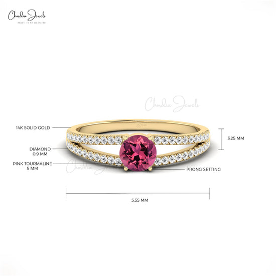 Natural Pink Tourmaline Diamond Split Shank 14k Solid Gold Ring for Wedding