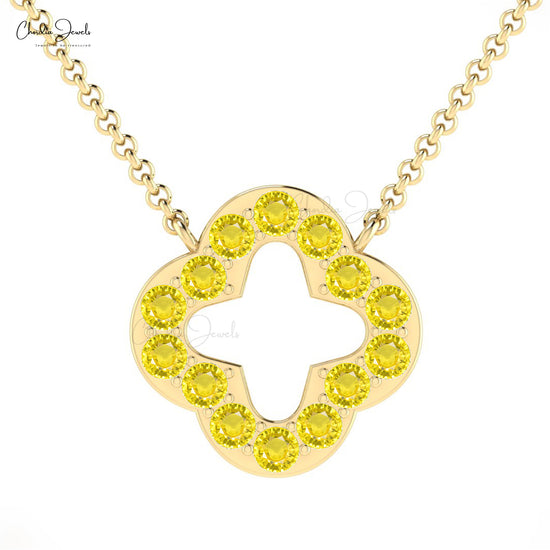 Hot Selling Exquisite Real 14k Gold Open Clover Necklace Pendant Genuine Yellow Sapphire Gemstone Beaded Necklace Anniversary Gift For Women