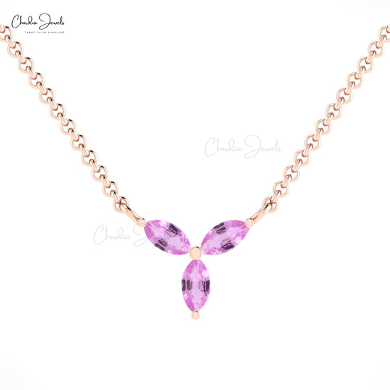 Real 14k Gold 0.24 Ct Prong Set September Birthstone Three Stone Necklace 4x2mm Marquise Cut Genuine Pink Sapphire Minimalist Jewelry For Her