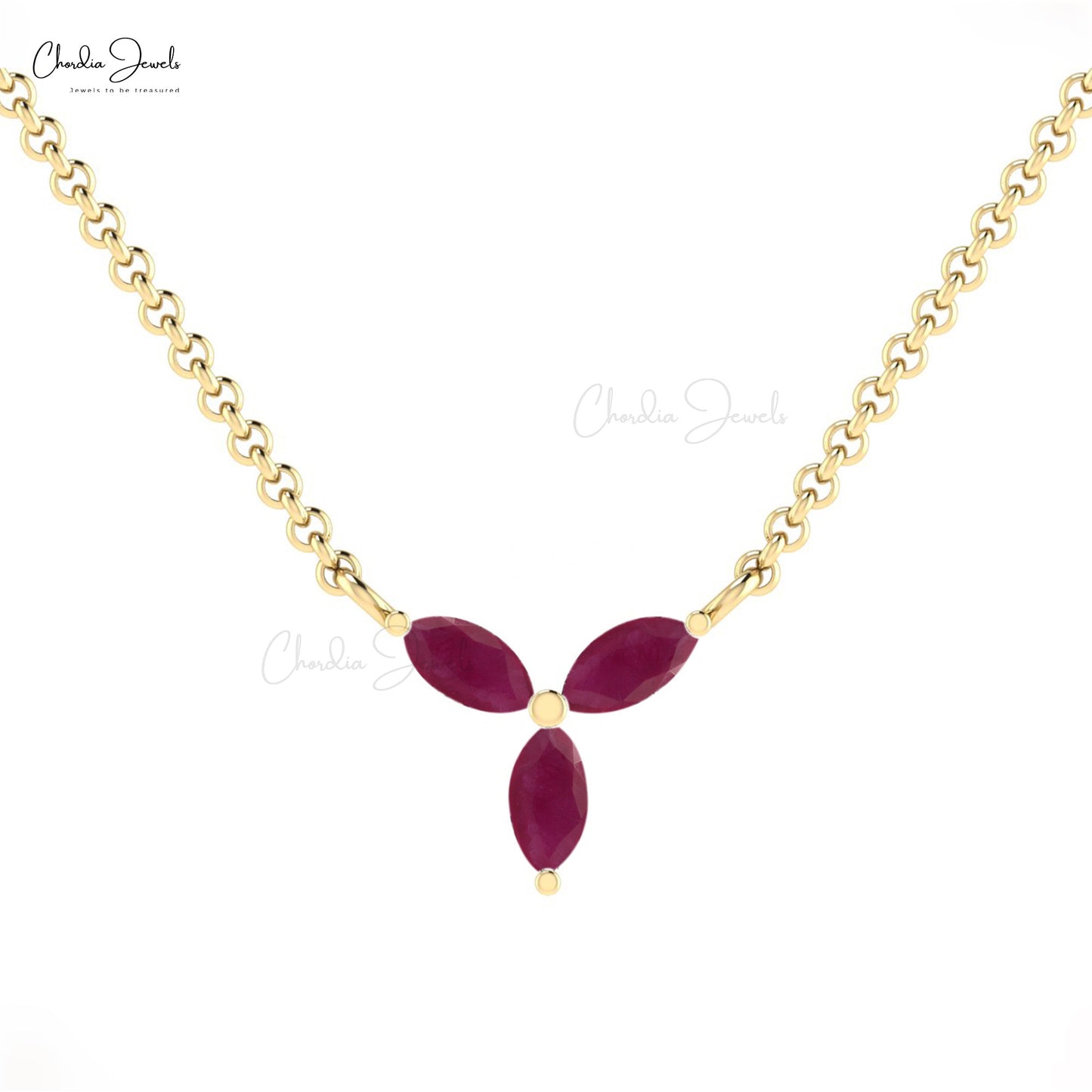 Natural Red Ruby 3-Stone Necklace Pendant With Spring Ring Closure Marquise Shape Gemstone Necklace in 14k Real Gold Valentine's Day Gift