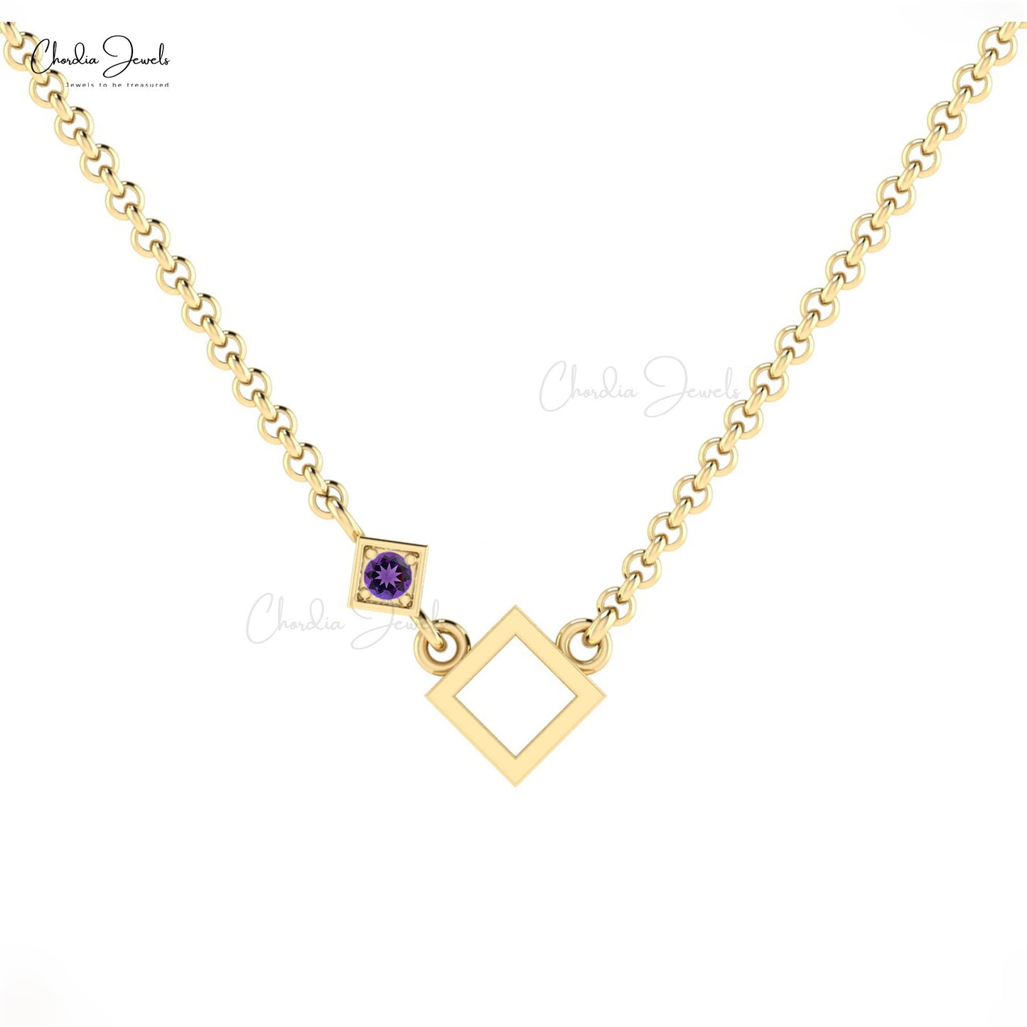 Beautiful Attractive Open Square Gemstone Accented Necklace Pendant Authentic Purple Amethyst Necklace 14k Solid Gold Jewelry For Gift