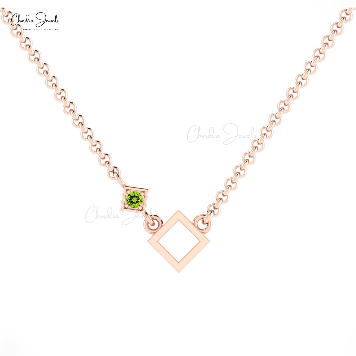AAA Quality 2.5mm Round Cut 0.08 Ct Natural Green Peridot Open Square Necklace 14k Solid Gold August Birthstone Gemstone Necklace Hallmarked Jewelry