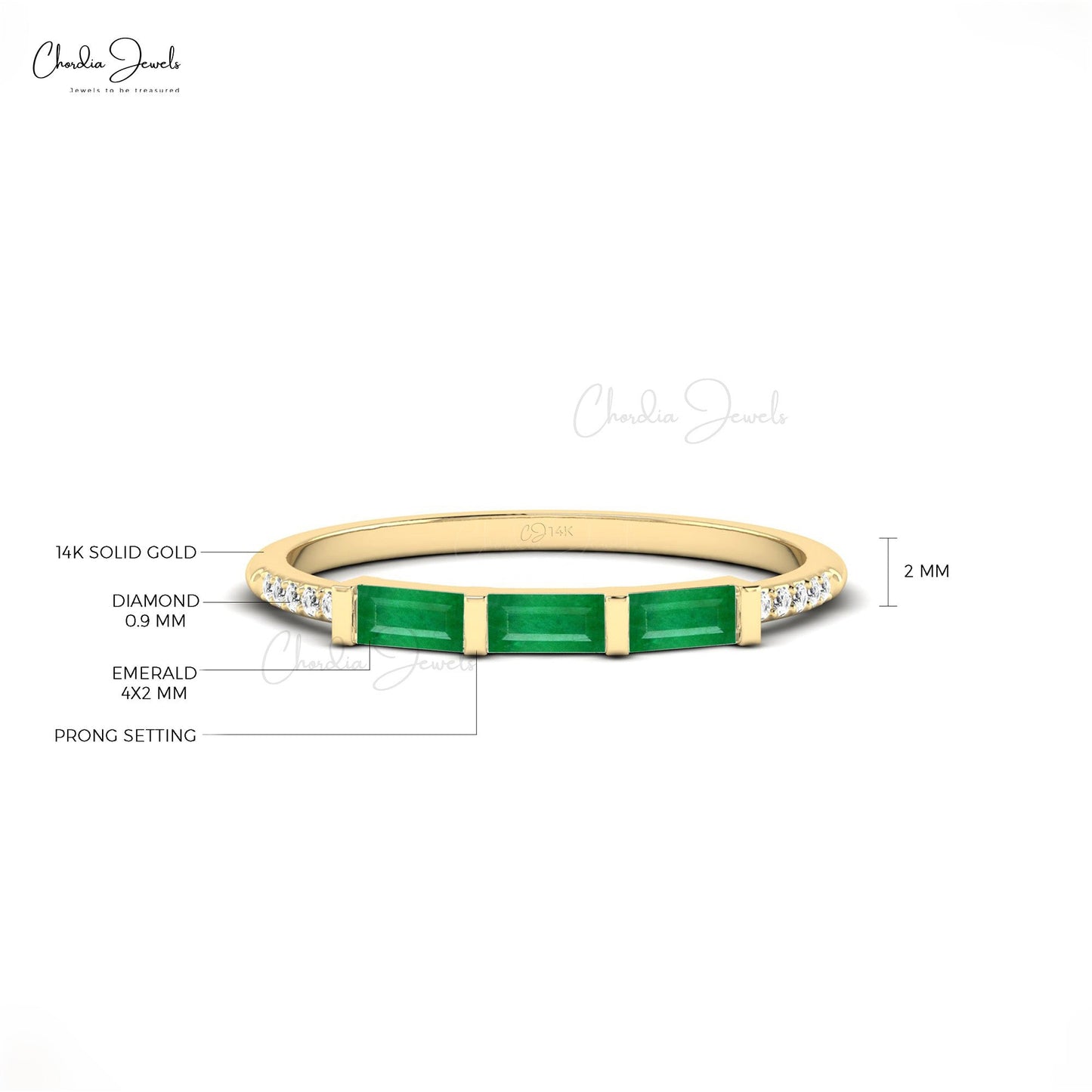 Round Diamond Baguette Cut Emerald Ring in 14k Solid Gold