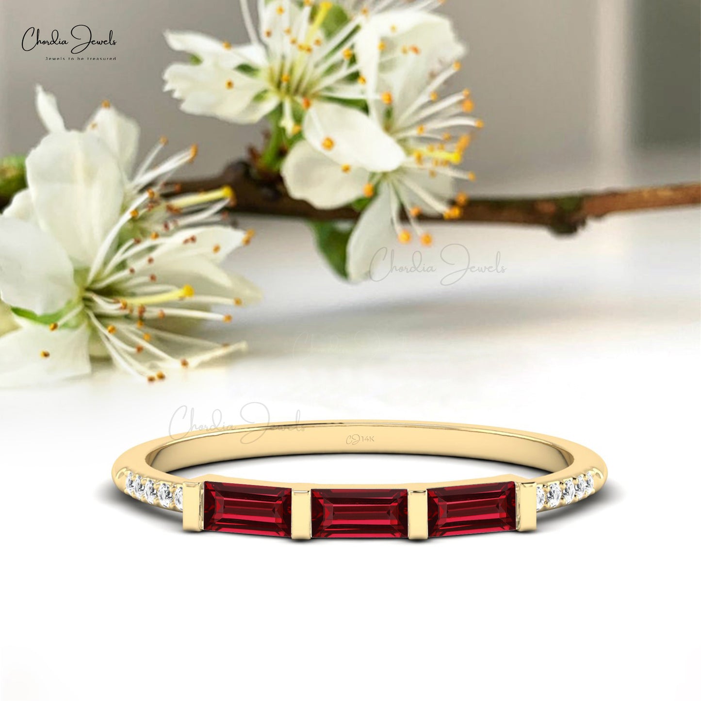 Baguette Cut Garnet Dainty Ring in 14k Solid Gold with Diamonds