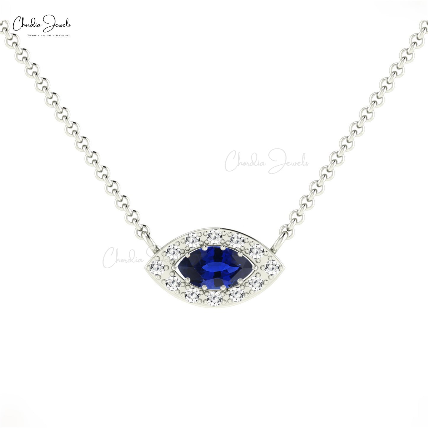 Natural White Diamond Halo Necklace Pendant Marquise Shape Blue Sapphire Gemstone Necklace in 14k Pure Gold 