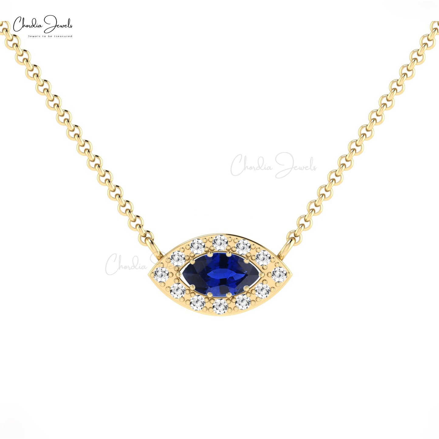 Natural White Diamond Halo Necklace Pendant Marquise Shape Blue Sapphire Gemstone Necklace in 14k Pure Gold