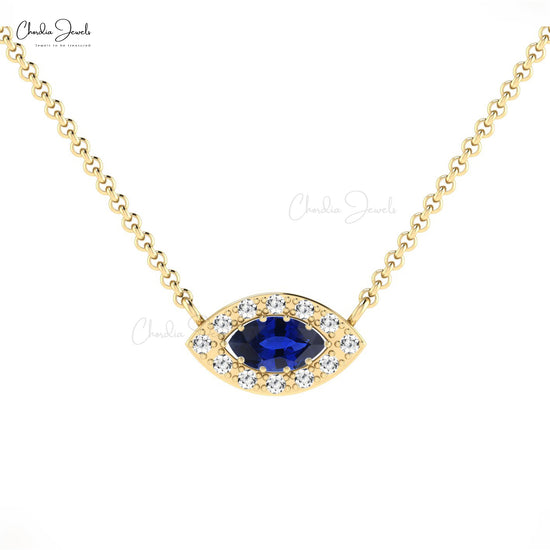 Natural White Diamond Halo Necklace Pendant Marquise Shape Blue Sapphire Gemstone Necklace in 14k Pure Gold 